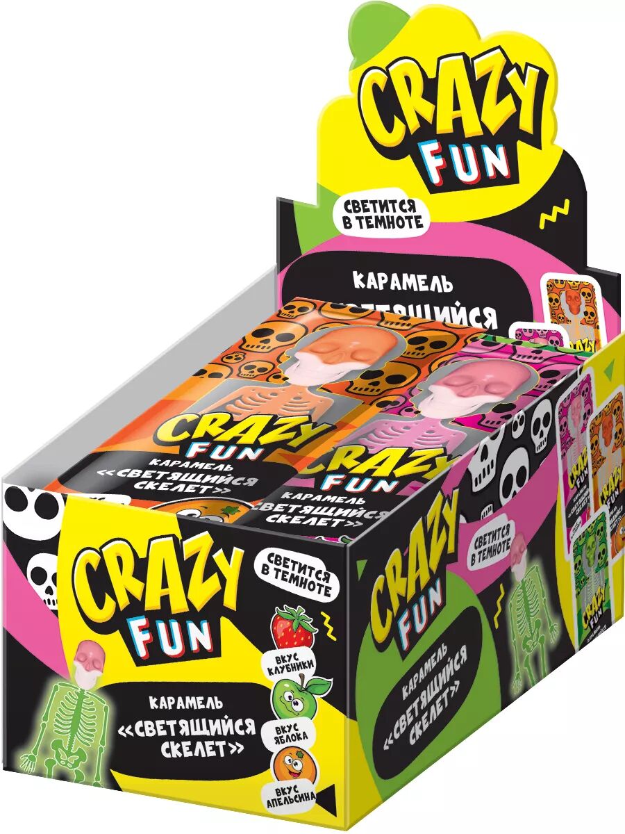 Карамель леденцовая на палочке со вкусом клубники,яблока,апельсина Светящийся скелет CRAZY FUN 30шт*10г