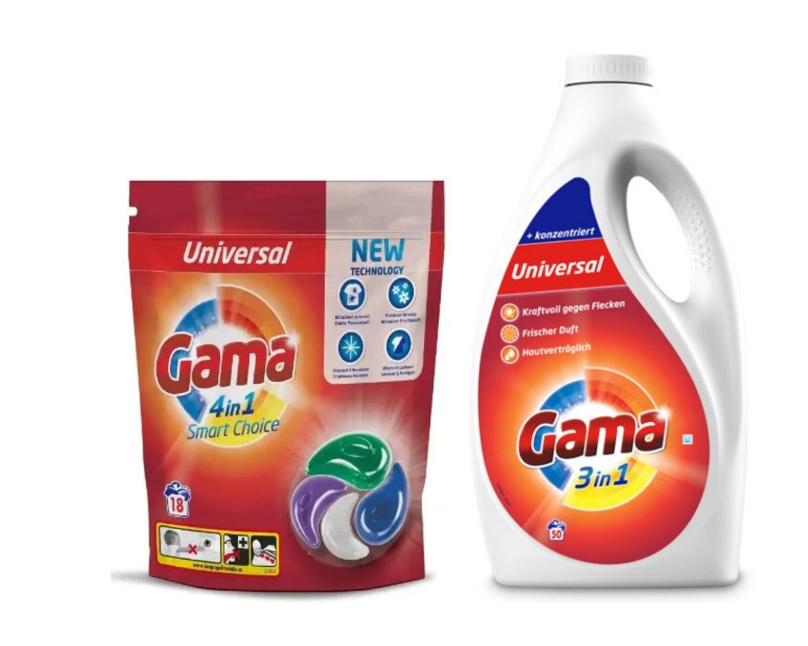 101 КомбоАкция : Гель GAMA UNIVERSAL  2,5 л (50 стирок) + Капсулы  GAMA Капсулы  4 IN 1 SMART CHOICE 18 шт*22 г