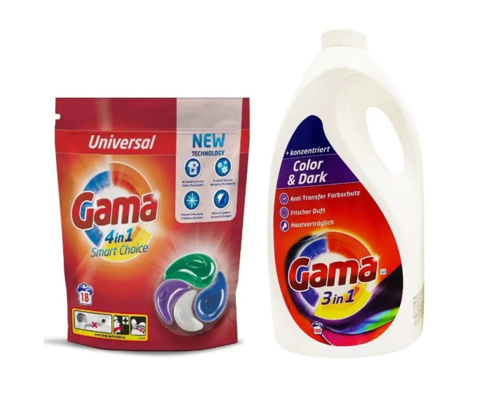 118 КомбоАкция : Гель GAMA COLOR & DARKS  5 л (100 стирок)  + Капсулы  GAMA для стирки белья 4 IN 1 SMART CHOICE 18 шт*22 г