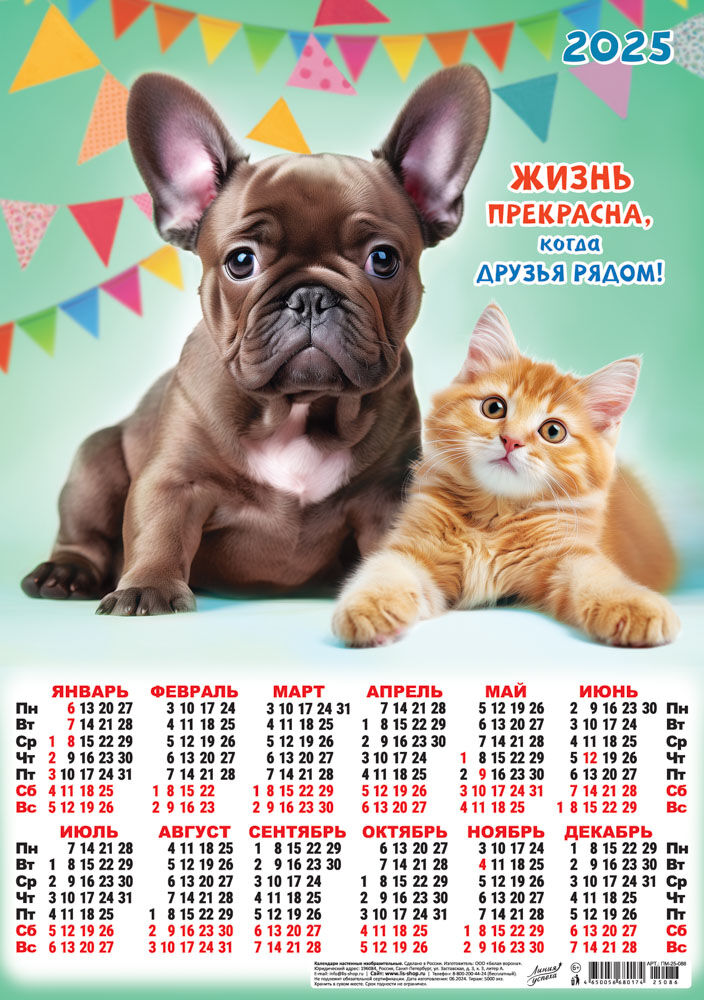 Календарь Листовой Плакат А3 (2025) "Кот и пёс. Жизнь прекрасна"