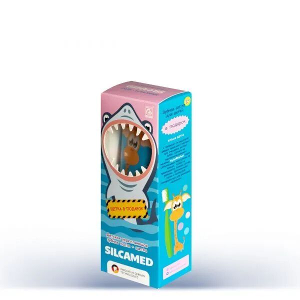 Набор Silcamed Baby Shark (Детская укрепляющая зубная паста "SILCAMED Клубничный йогурт 2+" 65 г + Детская зубная щетка "SILCAMED ДЕТСКАЯ" мягкая от 2 лет)