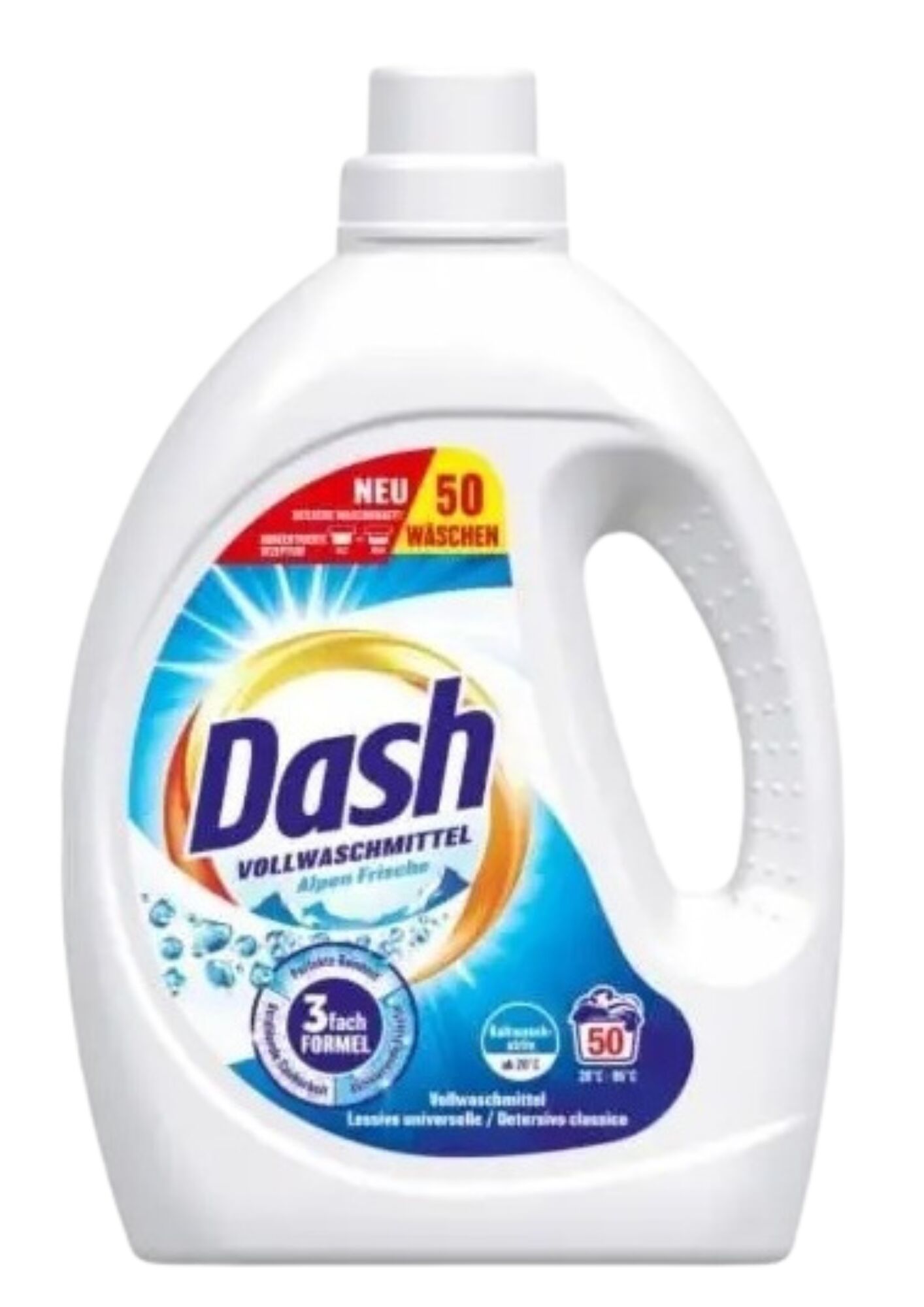 Жидкое средство для стирки универсальное DASH ALPEN Frische 3 fash FORMEL 2,25 л, (50 стирок)  4012400504459